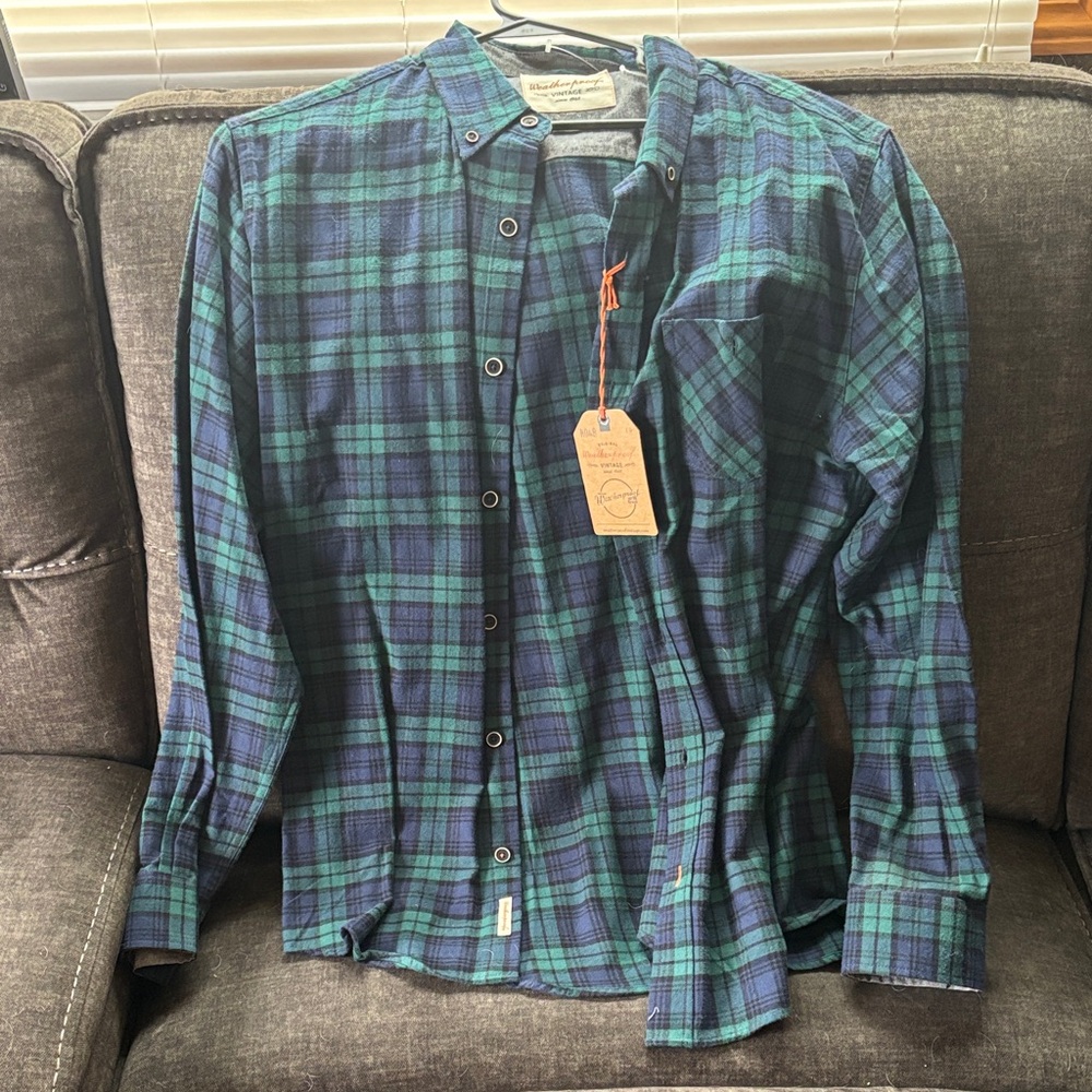 Weatherproof Men's Green and Blue Plaid Shirt